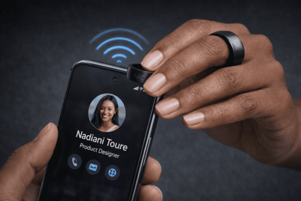 a_digital_photograph_captures_a_close_up_of_a_dark Bague simple NFC intelligente – partagez en un seul geste